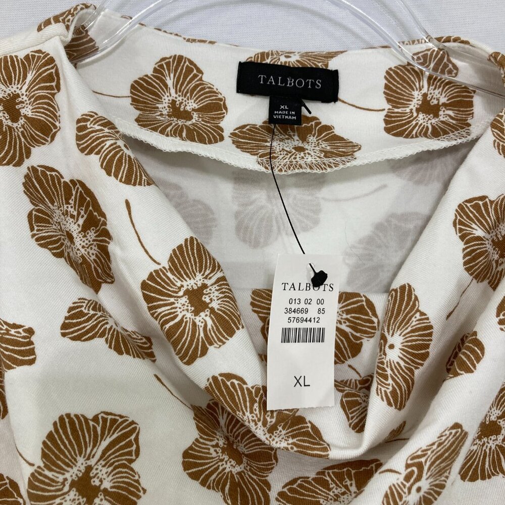 New Talbots size XL Brown White Floral‎ Draped Neck Stretch Blouse Elegant - Picture 4 of 10
